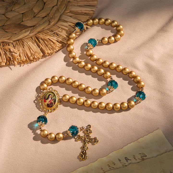 Christianartworkshop Elegant Matte Golden Pearl Rosary with St. Therese and Crucifix - St. Therese & Crucifix - image 0
