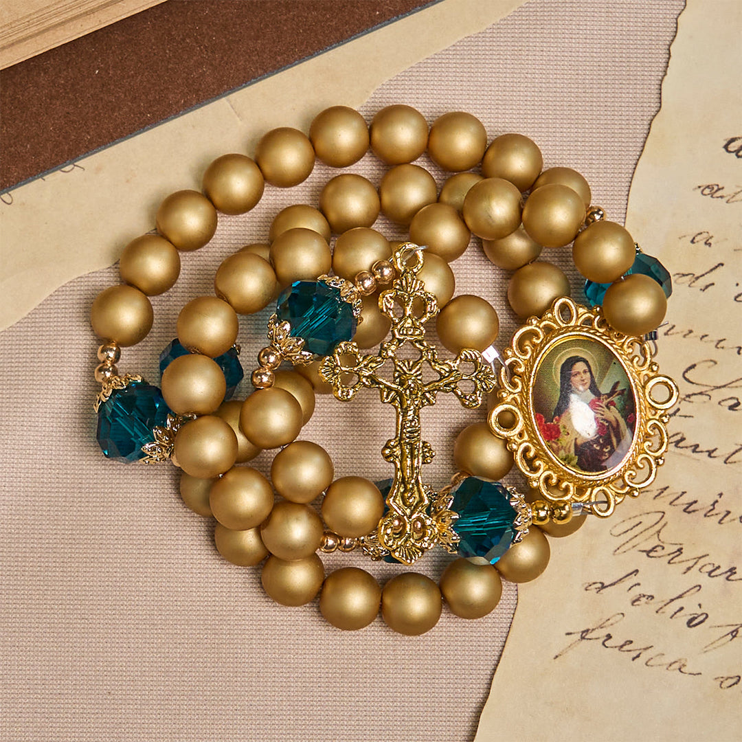 Christianartworkshop Elegant Matte Golden Pearl Rosary with St. Therese and Crucifix - image 9