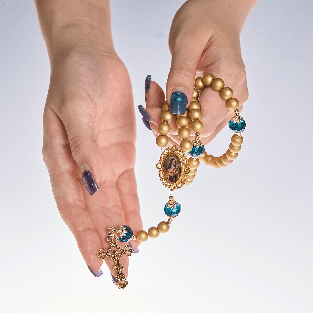 Christianartworkshop Elegant Matte Golden Pearl Rosary with St. Therese and Crucifix - image 11