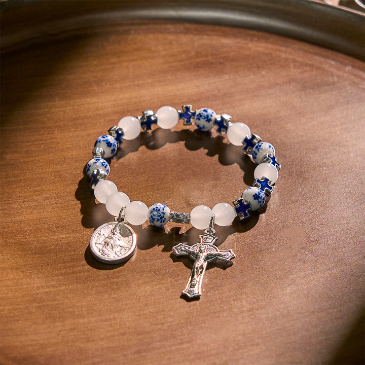Christianartworkshop Elegant White and Blue Floral Bracelets Adorned by Miraculous Medal & Blue Cross - image 2