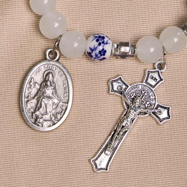 Christianartworkshop Elegant White and Blue Floral Bracelets Adorned by Miraculous Medal & Blue Cross - image 4