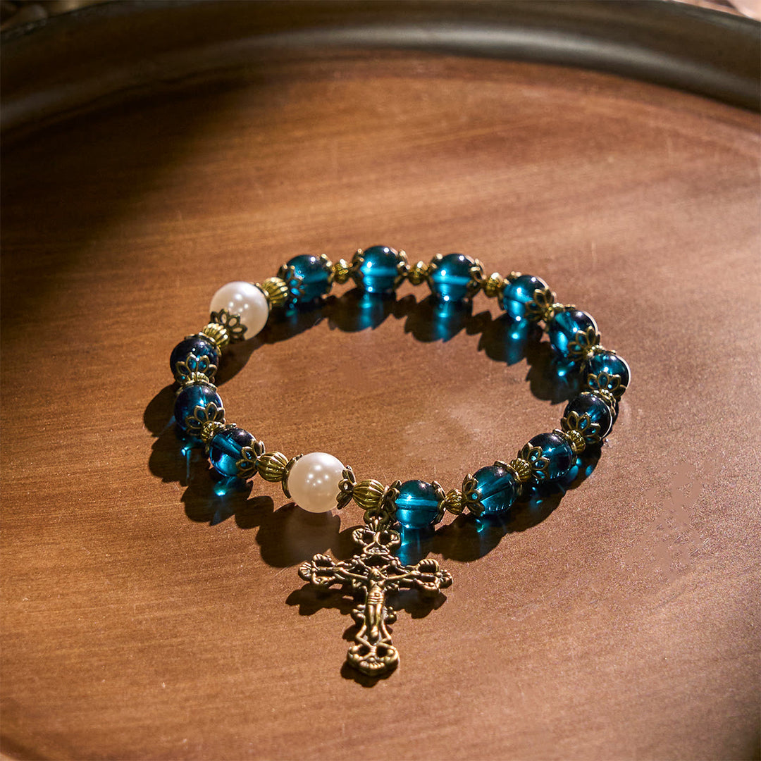 Christianartworkshop Spiritual Blue Gloss Bead Bracelets Featuring Sacred Brass Crucifix - image 2