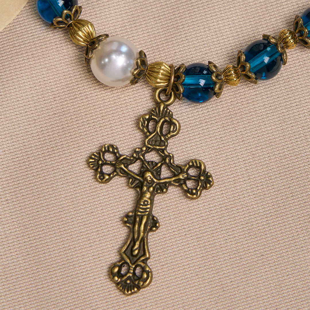 Christianartworkshop Spiritual Blue Gloss Bead Bracelets Featuring Sacred Brass Crucifix - image 4