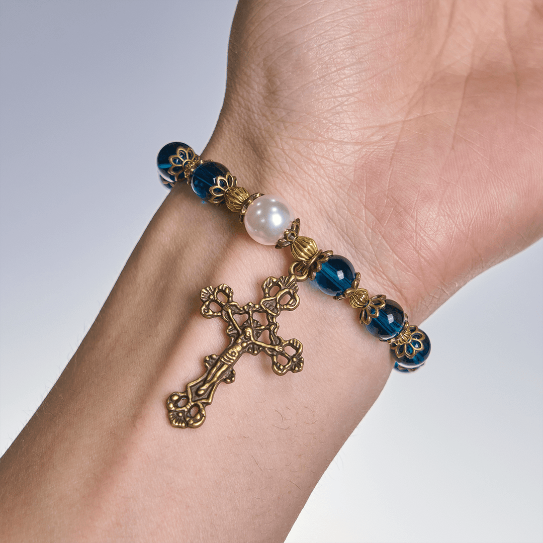 Christianartworkshop Spiritual Blue Gloss Bead Bracelets Featuring Sacred Brass Crucifix - image 1