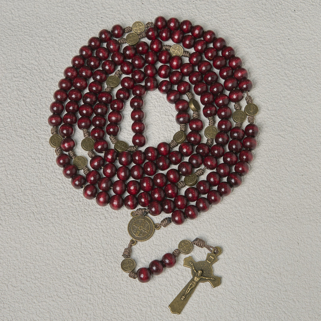 Christianartworkshop 15/20 Decade Olive Wood Rosary with St. Benedict, Crucifix & Waist Chain Design—Divine Devotion in Dual Use - 15 Decade - Wine - image 9
