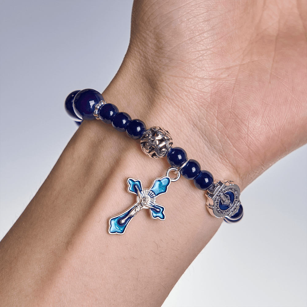 Christianartworkshop Elegant Deep Blue Beaded Bracelets with Crucifix and Miraculous Medal - image 1