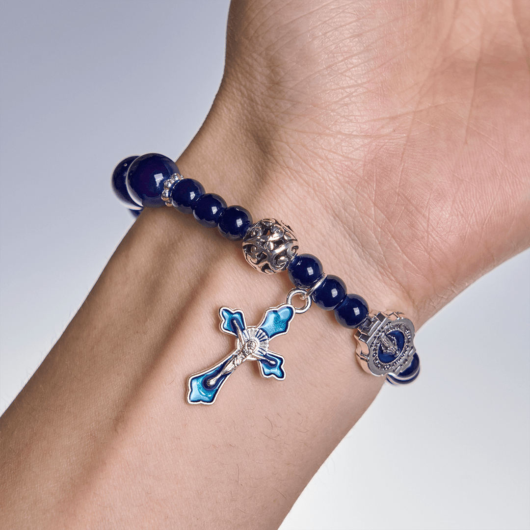 Christianartworkshop Elegant Deep Blue Beaded Bracelets with Crucifix and Miraculous Medal - image 1