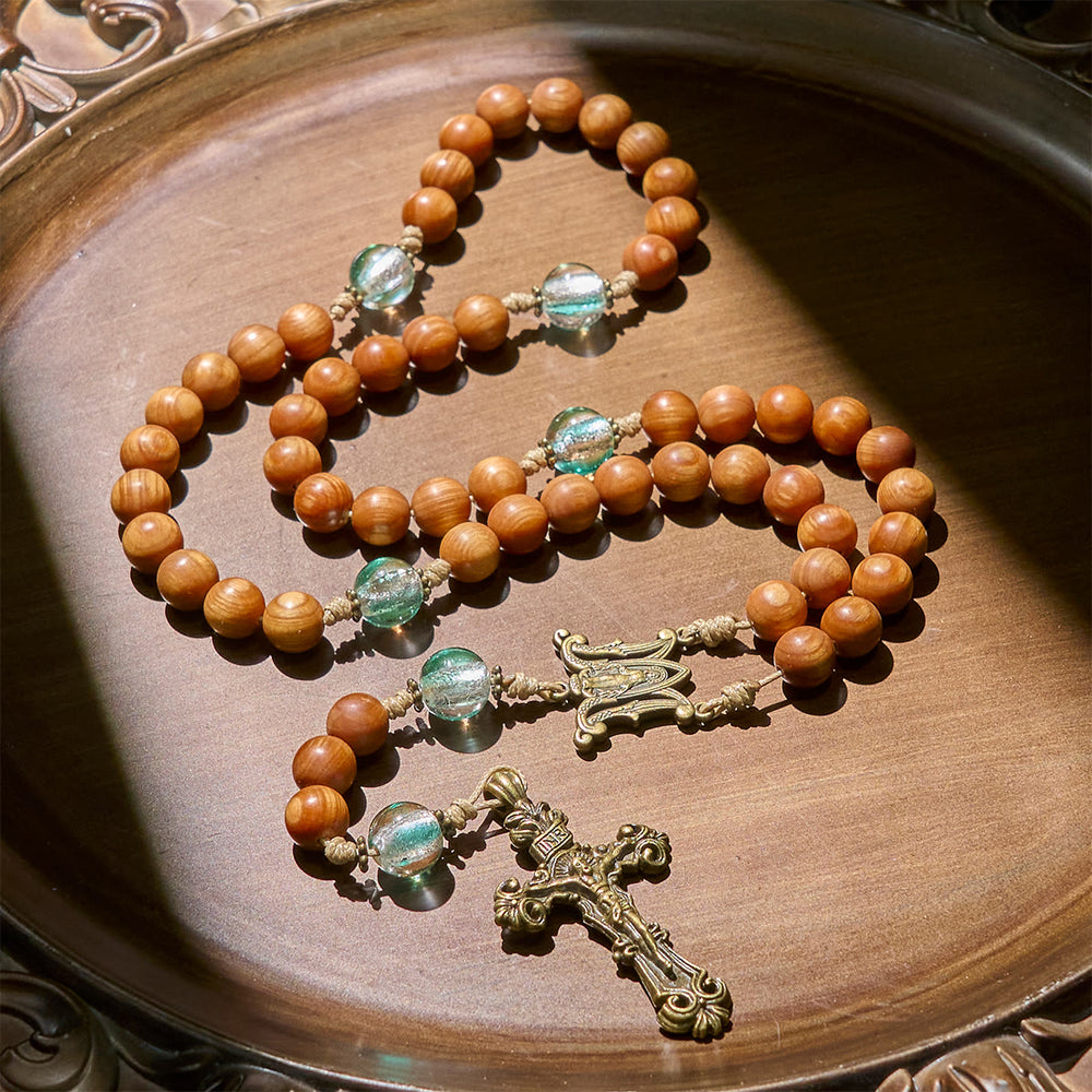 Christianartworkshop Classic Thuja Brown Wooden Rosary with Bright Green Beads & Our Lady - image 2