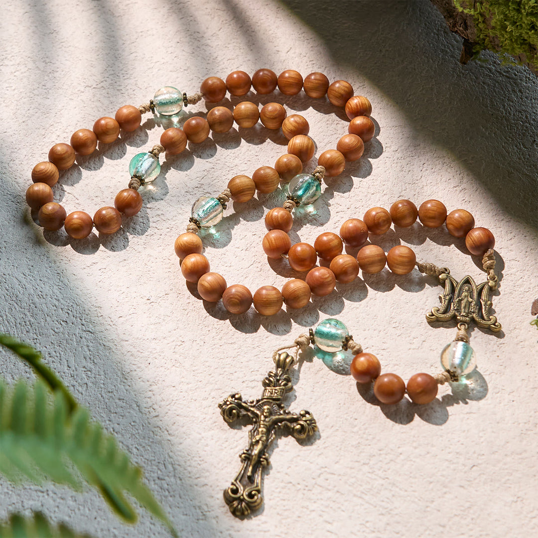 Christianartworkshop Classic Thuja Brown Wooden Rosary with Bright Green Beads & Our Lady - Miraculous Medal & Crucifix - image 1