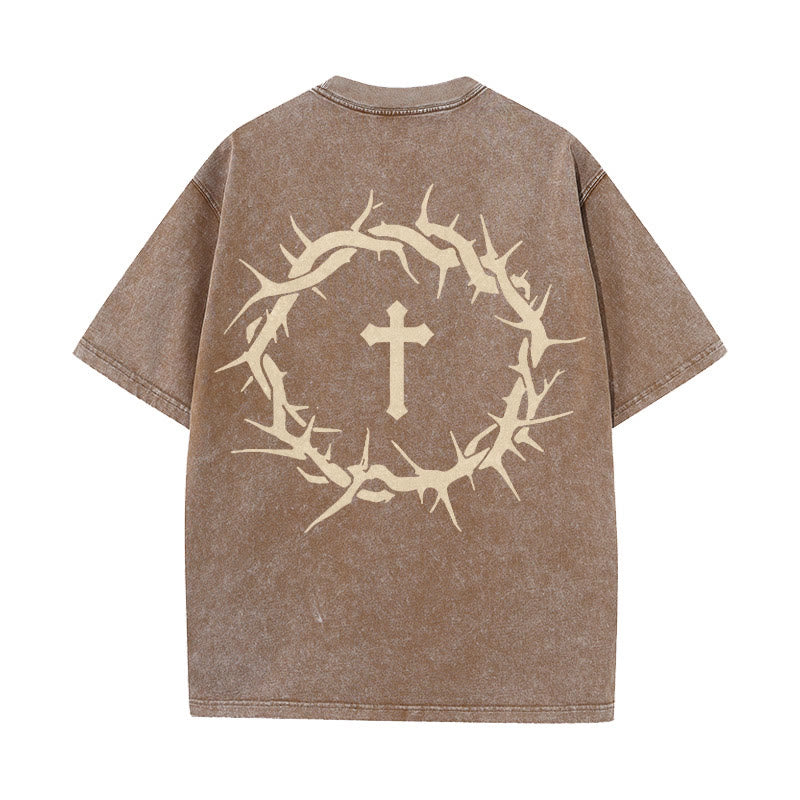 Christianartworkshop Faith Over Fear Thorn Cross Unisex Washed T-Shirt - Coffee - 5XL - image 15