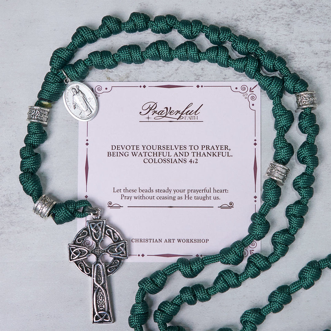 Christianartworkshop PRAYERFUL FAITH: St. Patrick Medal Dark Green Handmade Paracord Knotted Rosary - PRAYERFUL FAITH - image 0