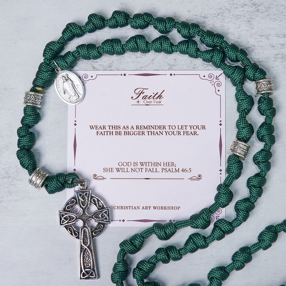Christianartworkshop PRAYERFUL FAITH: St. Patrick Medal Dark Green Handmade Paracord Knotted Rosary - FAITH OVER FEAR - image 1