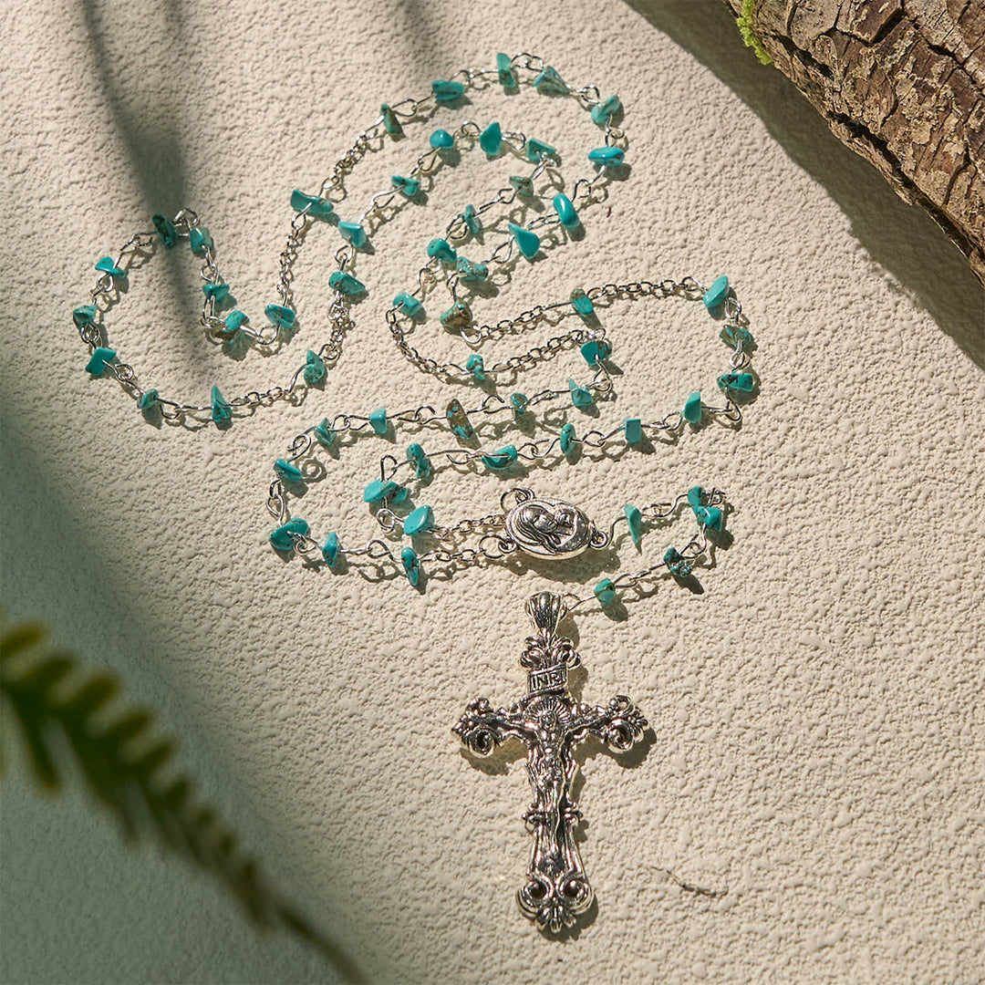 Christianartworkshop Unique Turquoise Fragment Rosary with Holy Mary & Ornate Crucifix - Virgin Mary & Crucifix - image 1