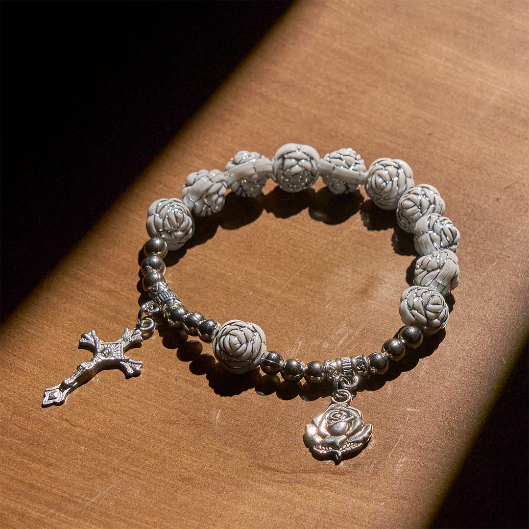 Christianartworkshop Delicate White Rose Devotional Beads Rosary and Bracelets with Virgin Mary - image 11