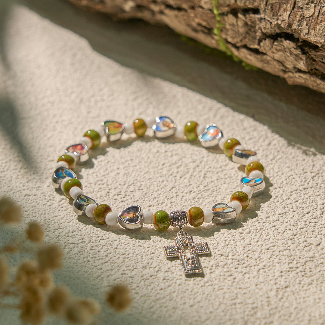 Christianartworkshop Colorful Glass & Ceramic Bead Bracelets with Cross and Saints Heart Charms - Green - image 1