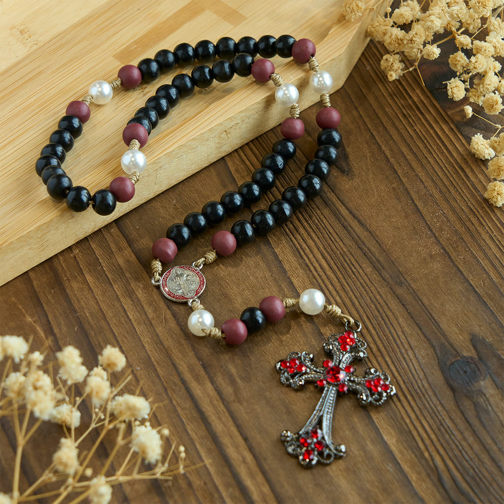 Christianartworkshop Devotional Black and Red Rosary with St. Benedict Blessing and Red Ornate Cross - image 1