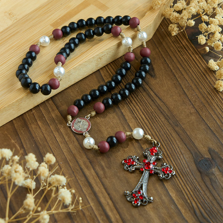 Christianartworkshop Devotional Black and Red Rosary with St. Benedict Blessing and Red Ornate Cross - image 1