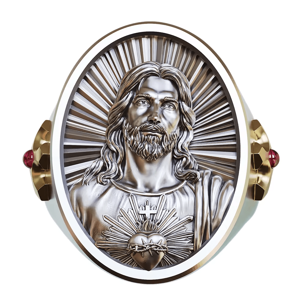 Christianartworkshop Sacred Heart Jesus Ring in 925 Silver: Symbol of Love and Sacrifice - US15 - image 1