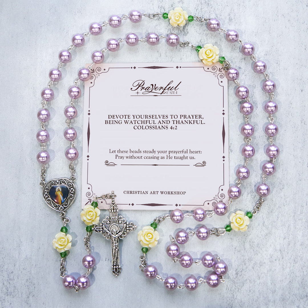 Christianartworkshop PRAYERFUL FAITH: Handmade Purple Pearl & Flower Divine Mercy Rosary with Gift Card - PRAYERFUL FAITH - image 1