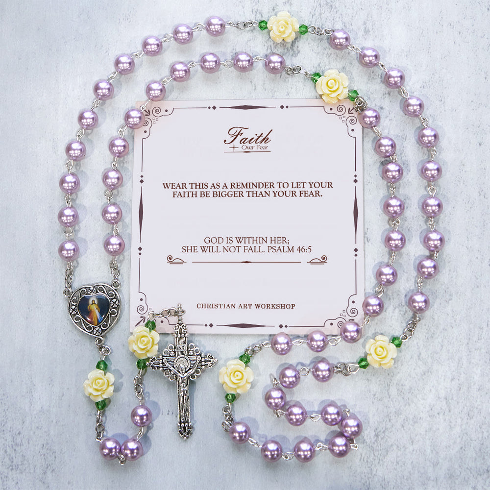 Christianartworkshop PRAYERFUL FAITH: Handmade Purple Pearl & Flower Divine Mercy Rosary with Gift Card - FAITH OVER FEAR - image 2
