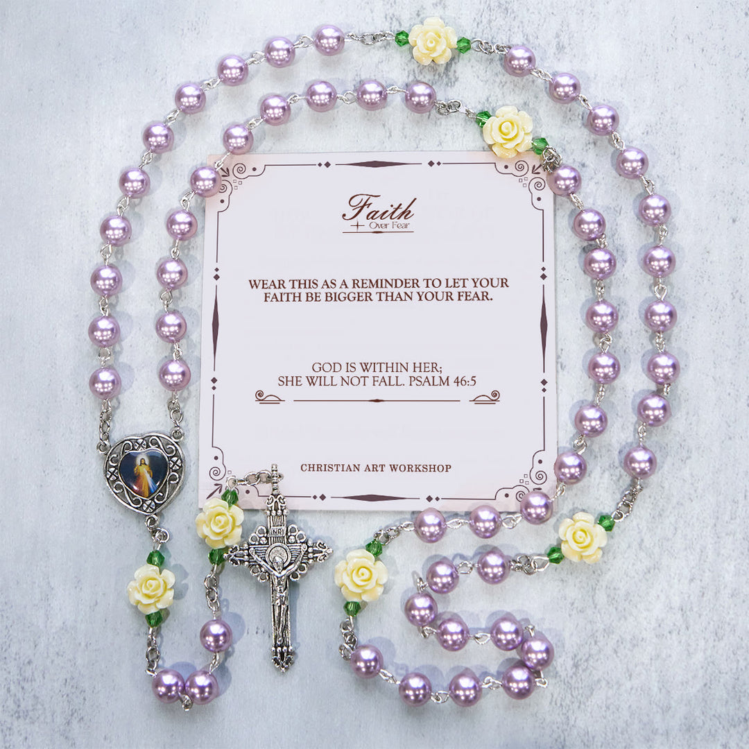 Christianartworkshop PRAYERFUL FAITH: Handmade Purple Pearl & Flower Divine Mercy Rosary with Gift Card - FAITH OVER FEAR - image 2
