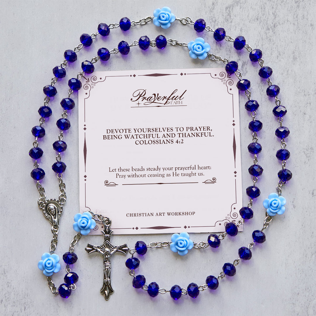 Christianartworkshop PRAYERFUL FAITH: Floral Rose Beads Multicolor Polyhedral Rosary with Gift Card - Blue - image 0