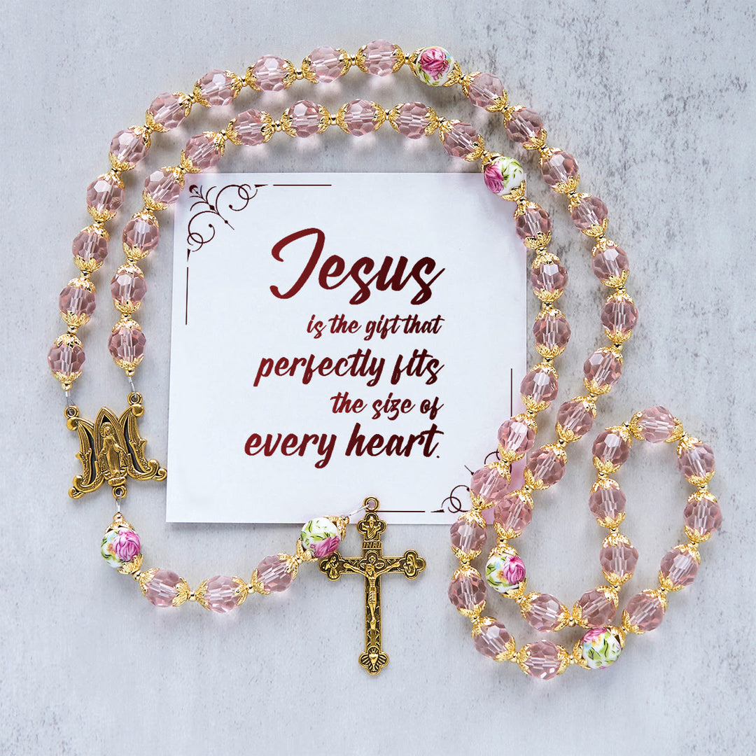 Christianartworkshop Jesus Is The Gift: Pink Crystal Beads Crucifix & Virgin Mary Rosary with Gift Card - Jesus is the Gift - image 0
