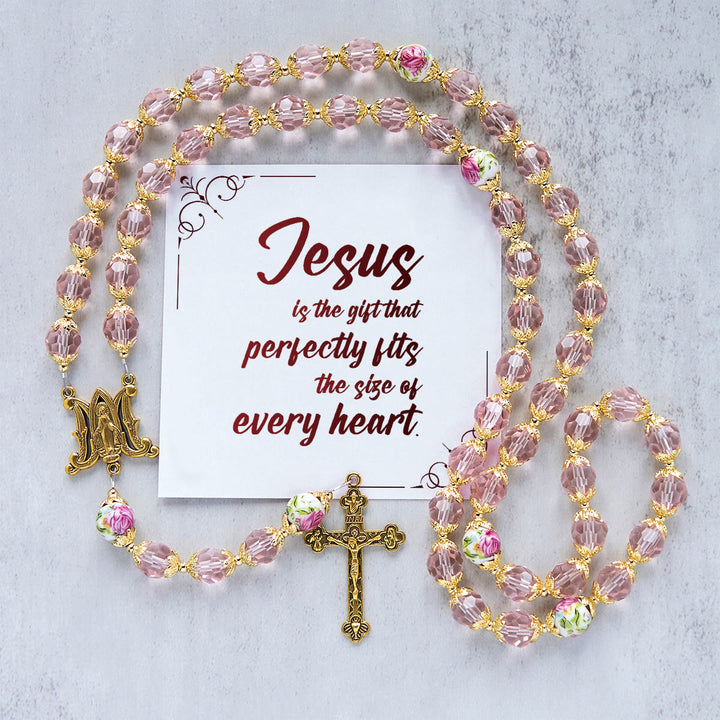 Christianartworkshop Jesus Is The Gift: Pink Crystal Beads Crucifix & Virgin Mary Rosary with Gift Card - Jesus is the Gift - image 0