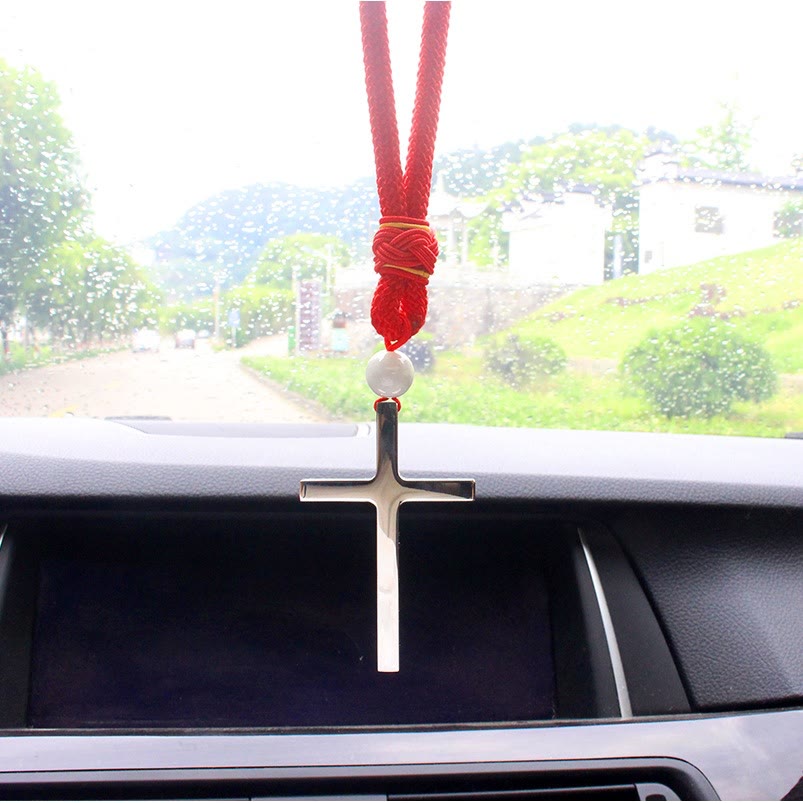 Christianartworkshop Minimalist Tri-color Cross Car Pendant: Spiritual Safety on the Road - Silver Cross - Red Cord - image 2