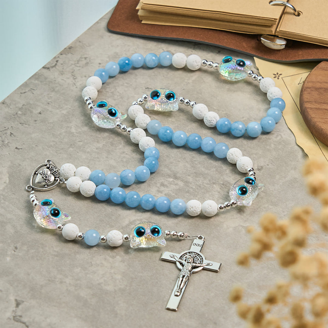 Christianartworkshop Aquamarine & White Lava Stone with Glass Cat Rosary: Memorial Your Pet, Pray for Love - Cat Rosary - image 1