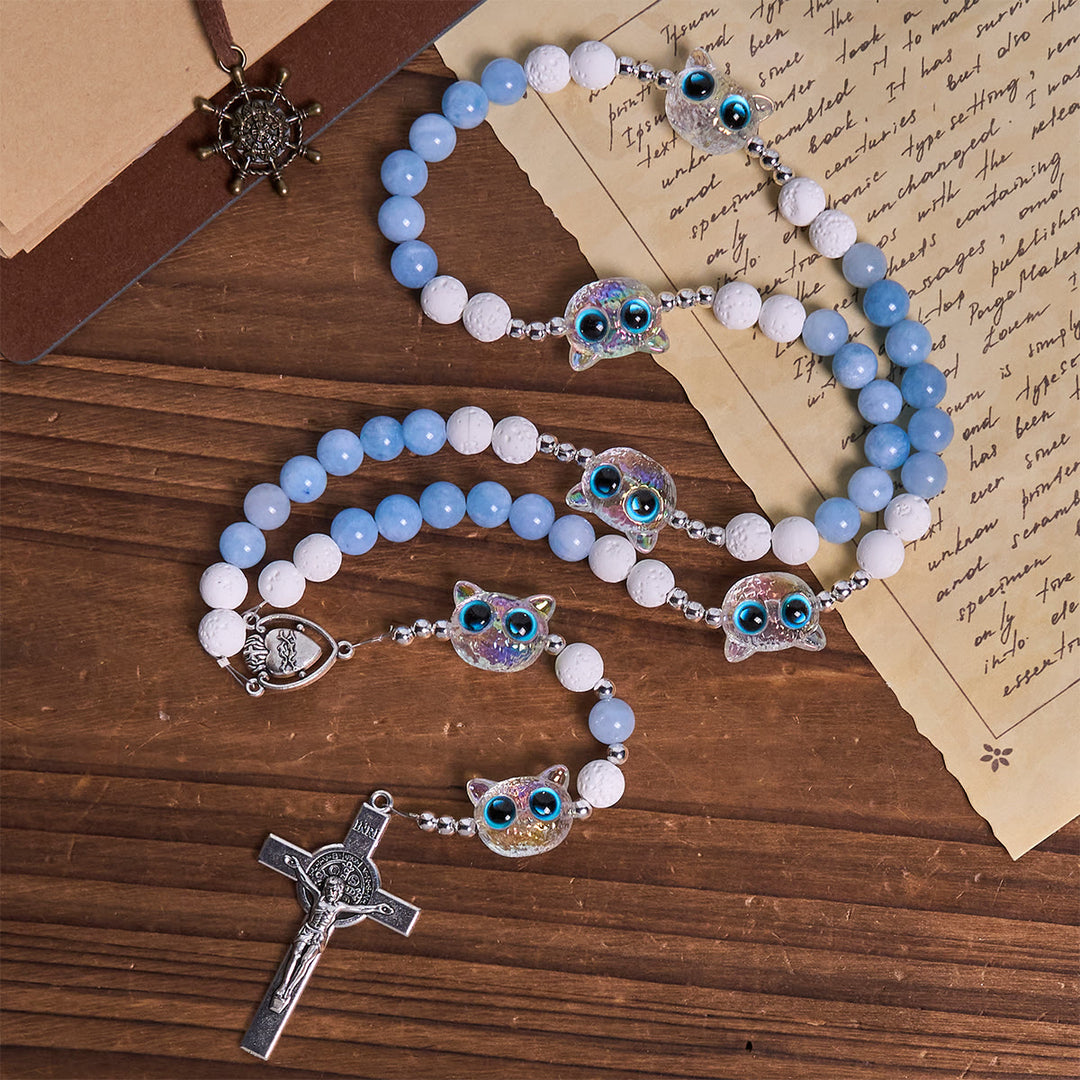 Christianartworkshop Aquamarine & White Lava Stone with Glass Cat Rosary: Memorial Your Pet, Pray for Love - image 5