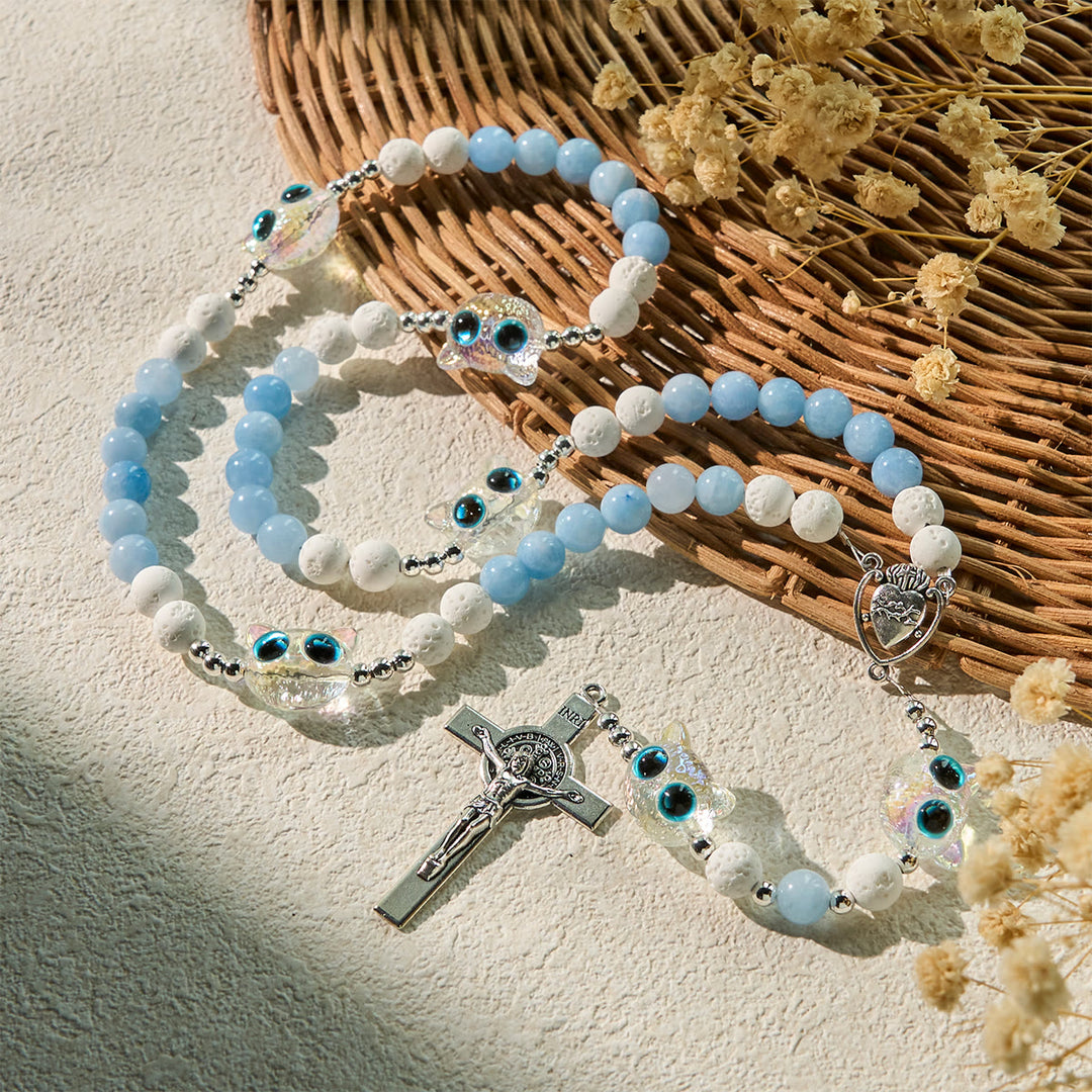 Christianartworkshop Aquamarine & White Lava Stone with Glass Cat Rosary: Memorial Your Pet, Pray for Love - image 3