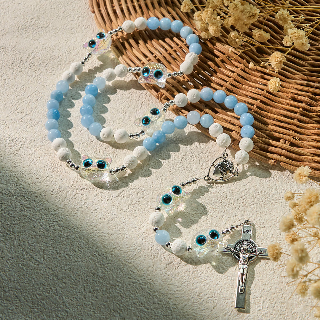 Christianartworkshop Aquamarine & White Lava Stone with Glass Cat Rosary: Memorial Your Pet, Pray for Love - image 4