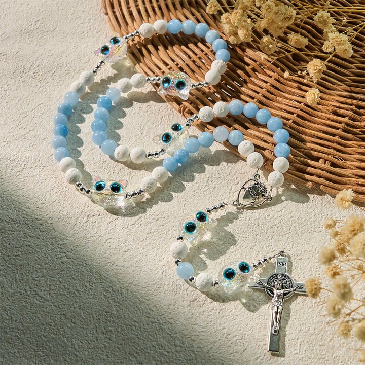 Christianartworkshop Aquamarine & White Lava Stone with Glass Cat Rosary: Memorial Your Pet, Pray for Love - image 4