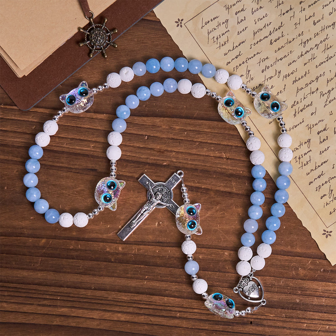 Christianartworkshop Aquamarine & White Lava Stone with Glass Cat Rosary: Memorial Your Pet, Pray for Love - image 6