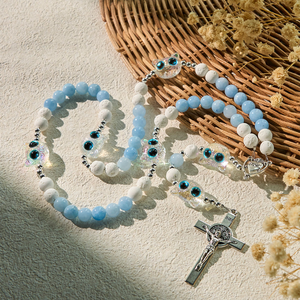 Christianartworkshop Aquamarine & White Lava Stone with Glass Cat Rosary: Memorial Your Pet, Pray for Love - image 2