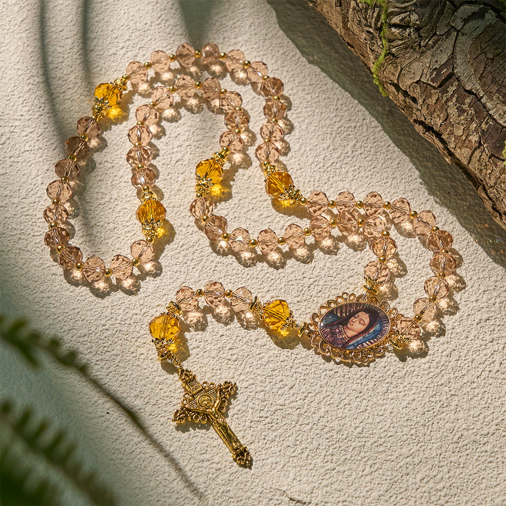 Christianartworkshop Shimmering Amber Beads Rosary Featuring Graceful Our Lady of Guadalupe Medal - image 2