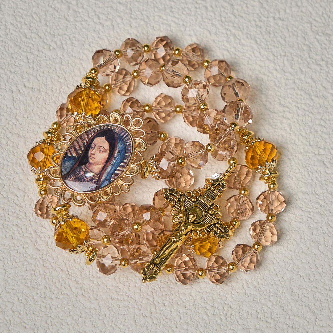 Christianartworkshop Shimmering Amber Beads Rosary Featuring Graceful Our Lady of Guadalupe Medal - image 9