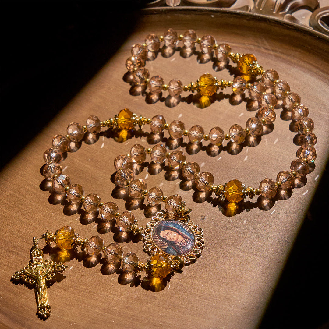 Christianartworkshop Shimmering Amber Beads Rosary Featuring Graceful Our Lady of Guadalupe Medal - image 4