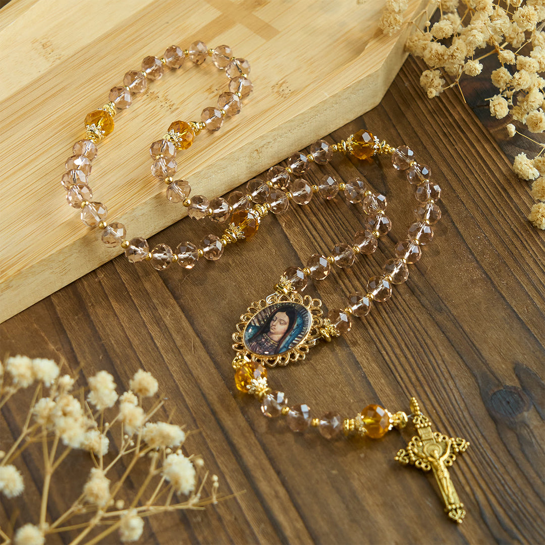 Christianartworkshop Shimmering Amber Beads Rosary Featuring Graceful Our Lady of Guadalupe Medal - Our Lady - image 1