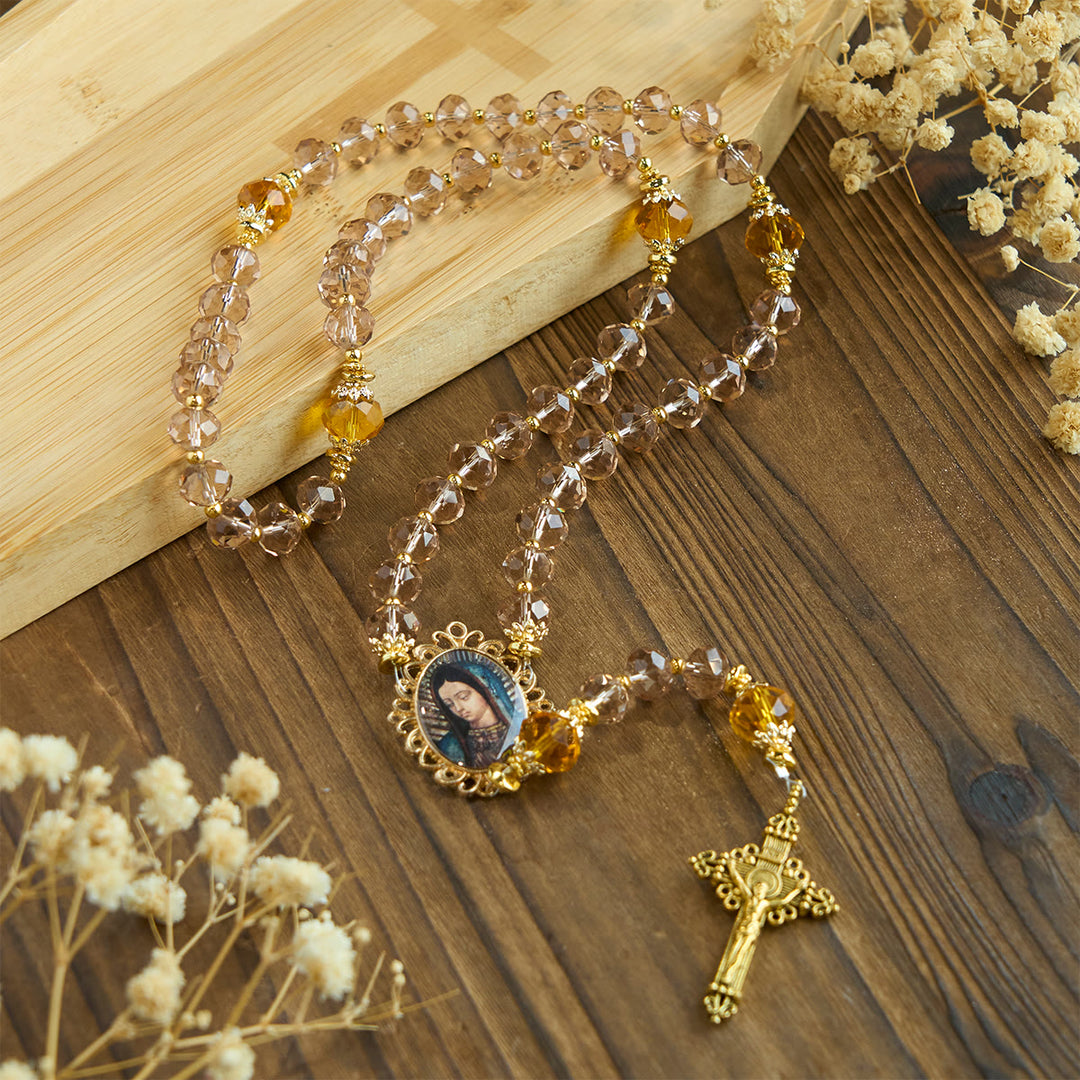 Christianartworkshop Shimmering Amber Beads Rosary Featuring Graceful Our Lady of Guadalupe Medal - image 5