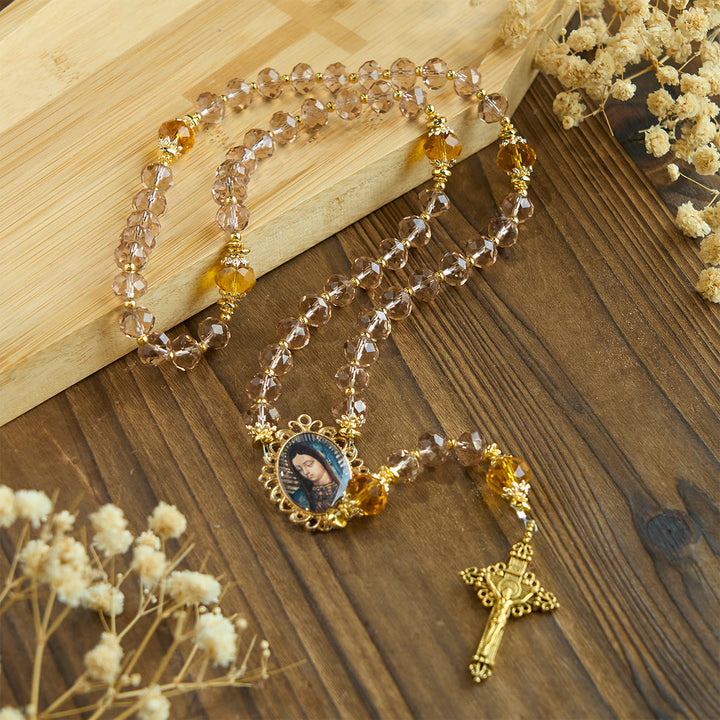 Christianartworkshop Shimmering Amber Beads Rosary Featuring Graceful Our Lady of Guadalupe Medal - image 5