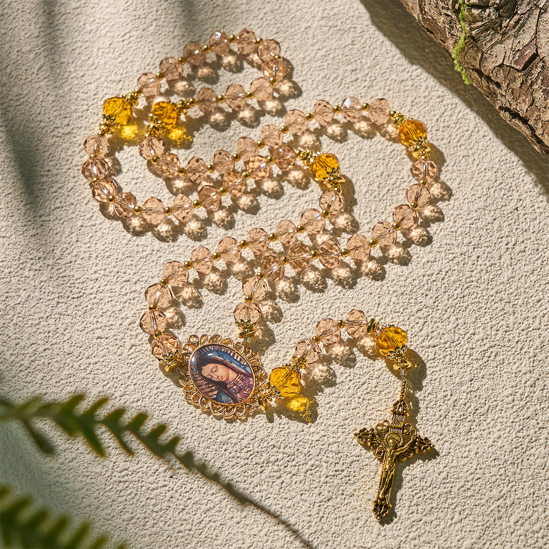 Christianartworkshop Shimmering Amber Beads Rosary Featuring Graceful Our Lady of Guadalupe Medal - image 3