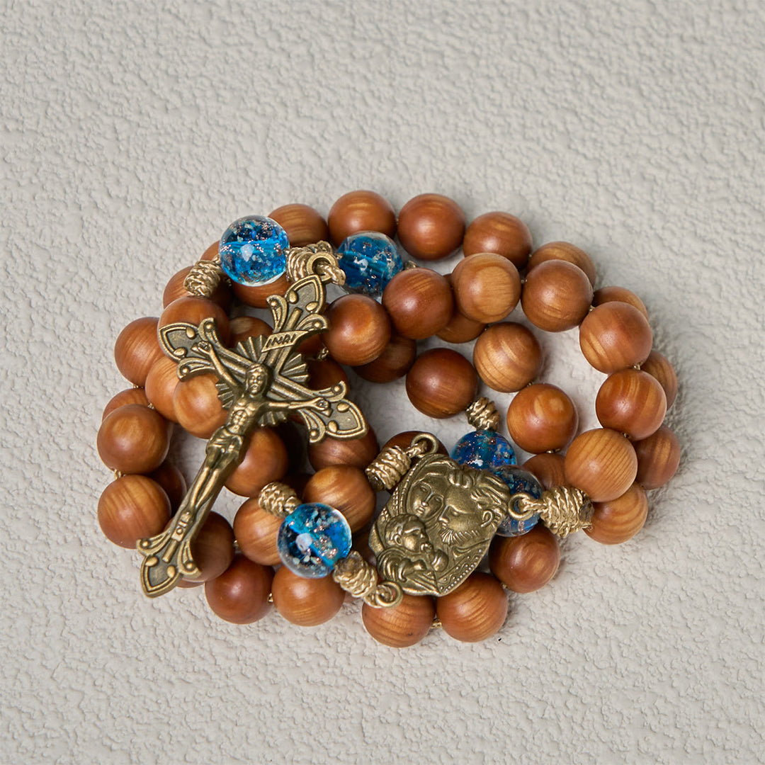 Christianartworkshop Rustic Thuja Wooden & Ocean Blue Rosary with Holy Family Guidance & Blessing - image 2