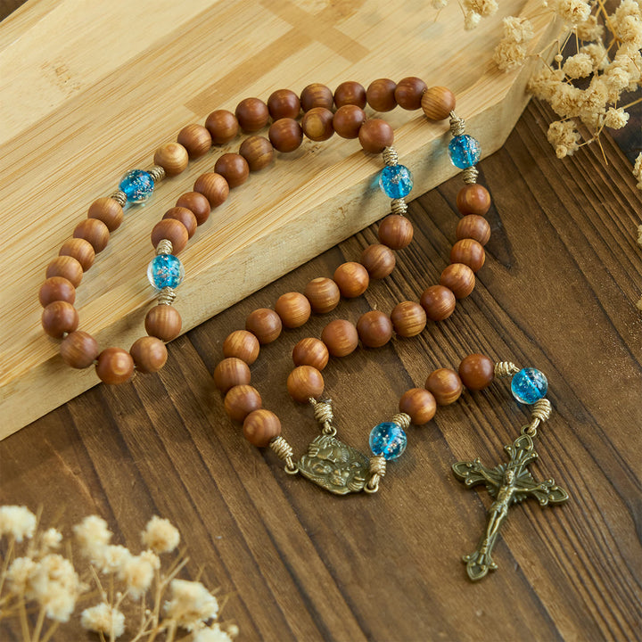 Christianartworkshop Rustic Thuja Wooden & Ocean Blue Rosary with Holy Family Guidance & Blessing - image 6