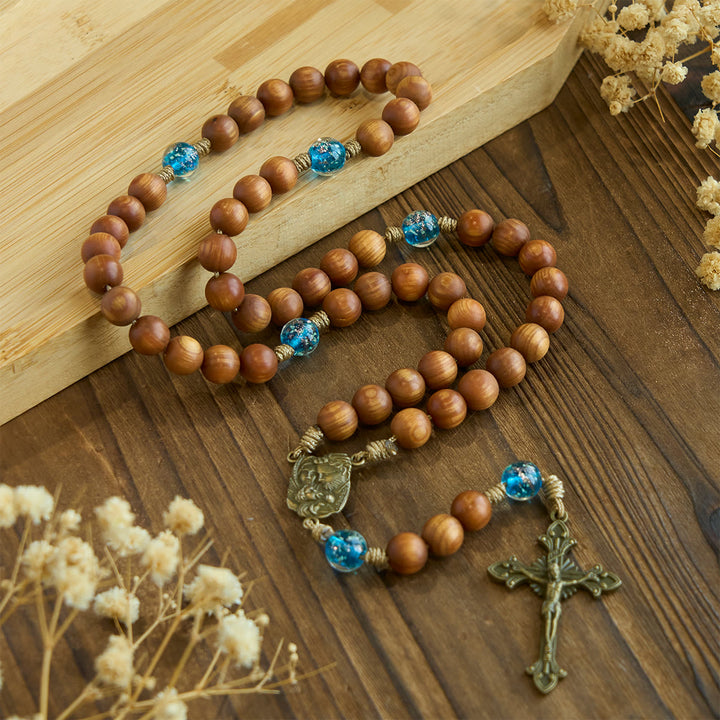 Christianartworkshop Rustic Thuja Wooden & Ocean Blue Rosary with Holy Family Guidance & Blessing - image 4