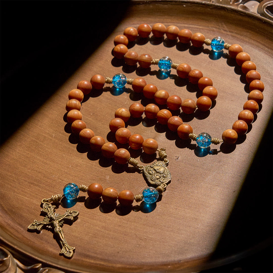 Christianartworkshop Rustic Thuja Wooden & Ocean Blue Rosary with Holy Family Guidance & Blessing - Holy Family - image 1