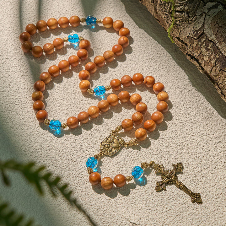 Christianartworkshop Rustic Thuja Wooden & Ocean Blue Rosary with Holy Family Guidance & Blessing - image 3