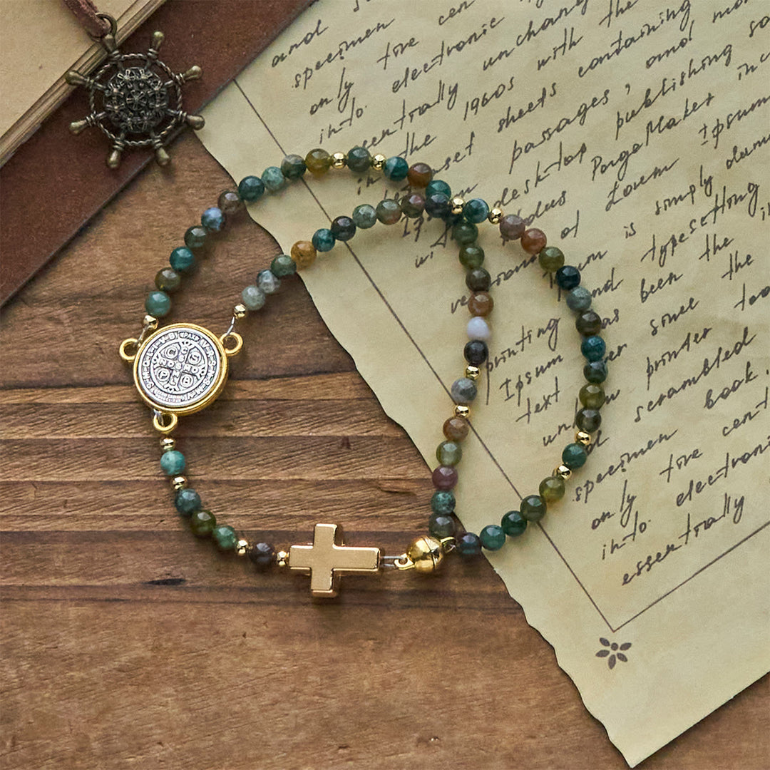 Christianartworkshop Handmade Earth Tone Rosary Bracelets with Cross & St. Benedict Charm - St. Benedict & Cross - image 1