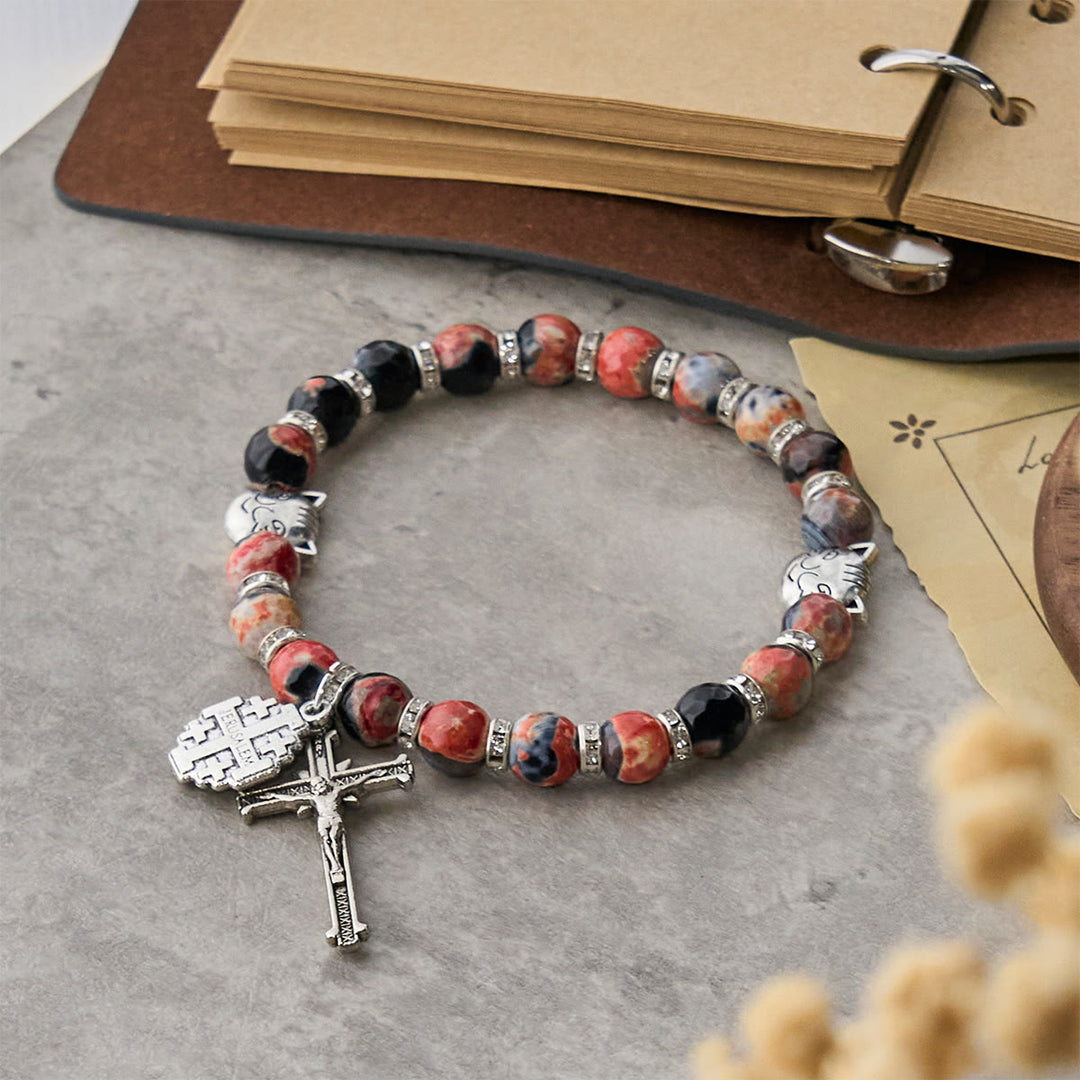 Christianartworkshop Calico Cat Pray Rosary & Bracelets Memorial Set in Artificial Marbling Agate Beads - image 12